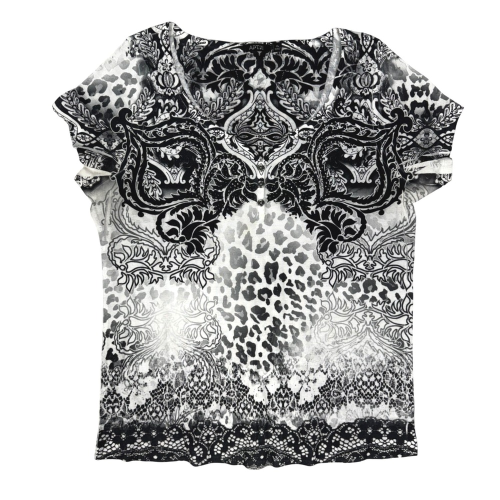 Apt 9 Womens XL Black White Leopard Paisley Rhinestone Henley Mixed Print Top